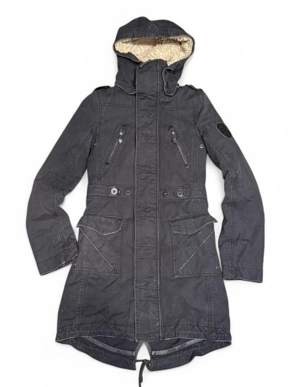 Y2K TNA Black Sherpa Lined Utility Military Parka Jacket